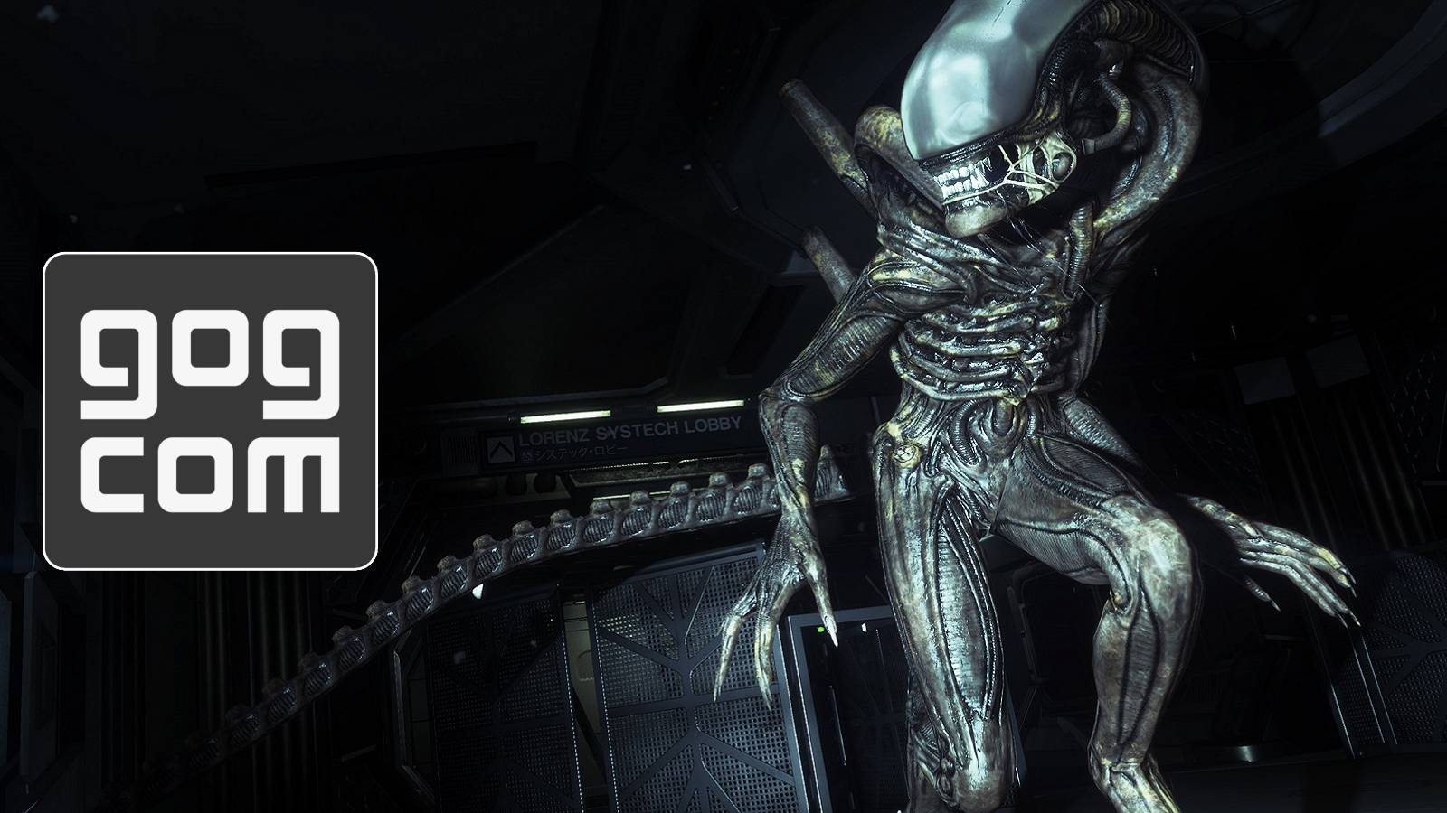 Image from Alien Isolation showing the Xenomorph looking at the GOG.com logo.