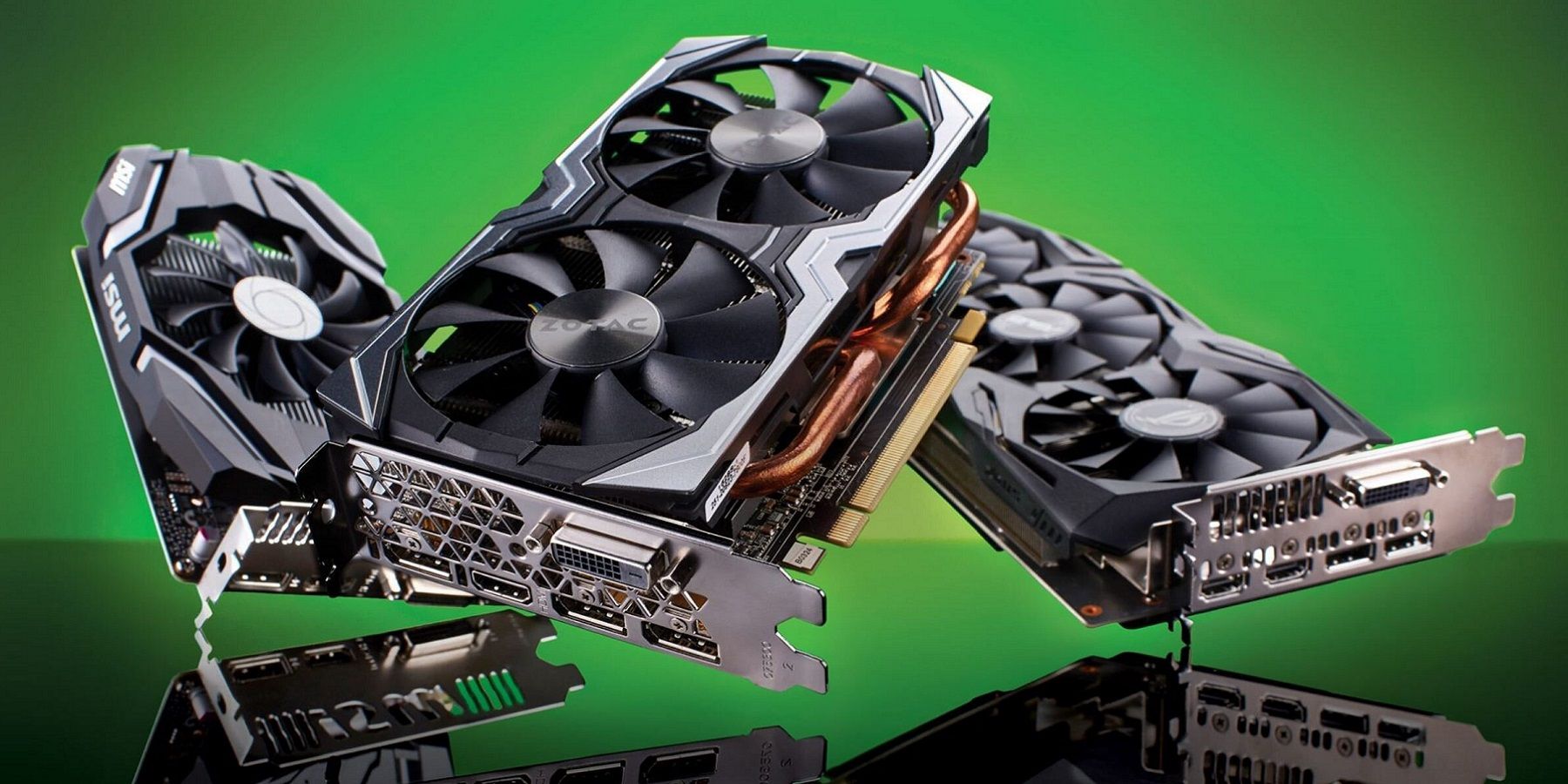 An image showing some floating AMD and Nvidia graphics cards on a green background.