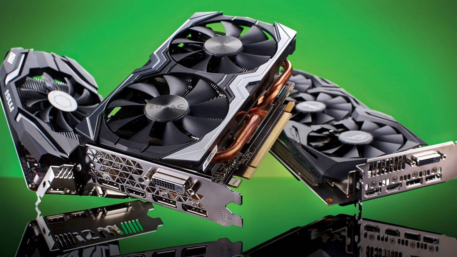 An image showing some floating AMD and Nvidia graphics cards on a green background.