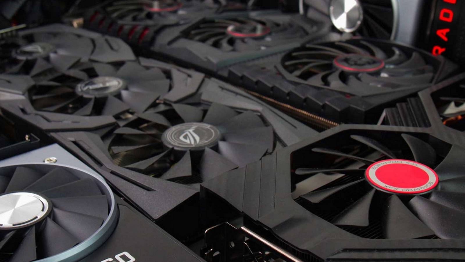 A photo showing a series of AMD and Nvidia graphics cards.