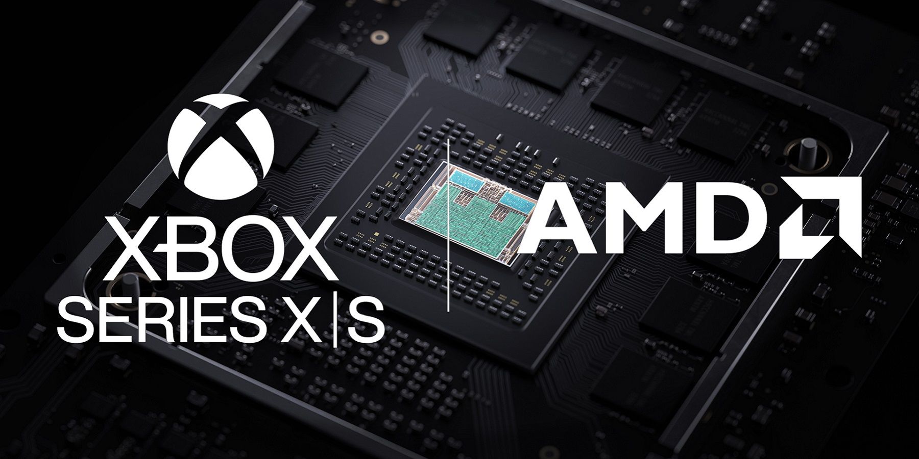 A computer chip with the Xbox Series and AMD logos in front of it.