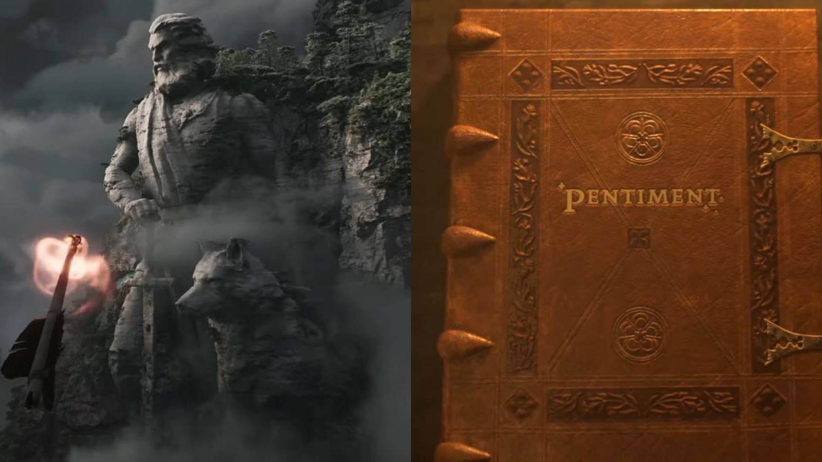 The statue from the Avowed reveal trailer and the book from Pentiment