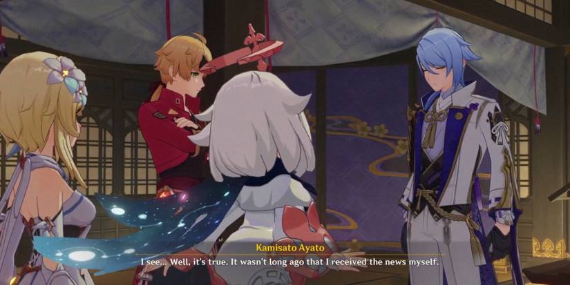 ayato speaking with traveler in Genshin impact
