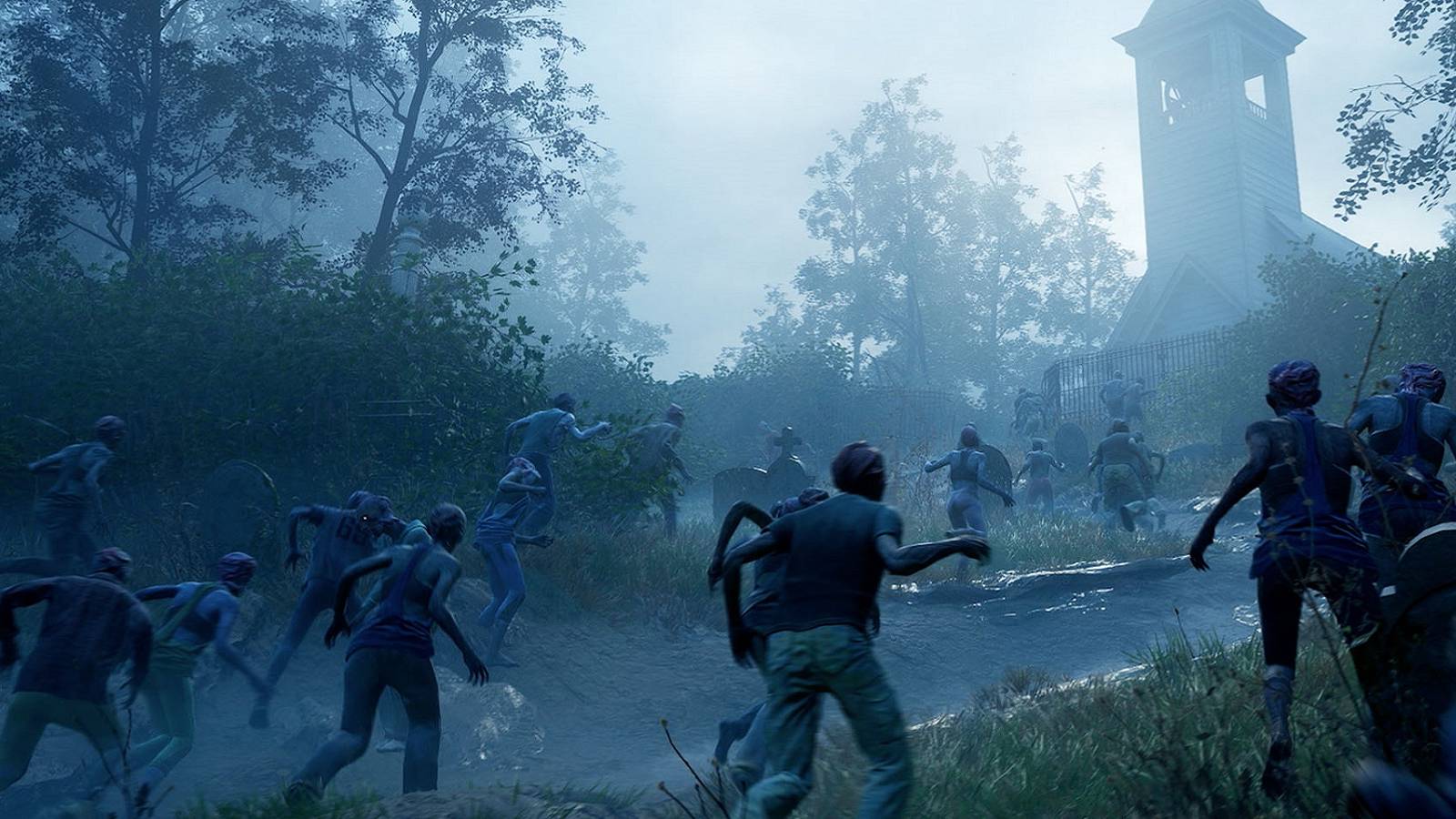 Image from Back 4 Blood showing a horde of the undead running towards a spooky church.