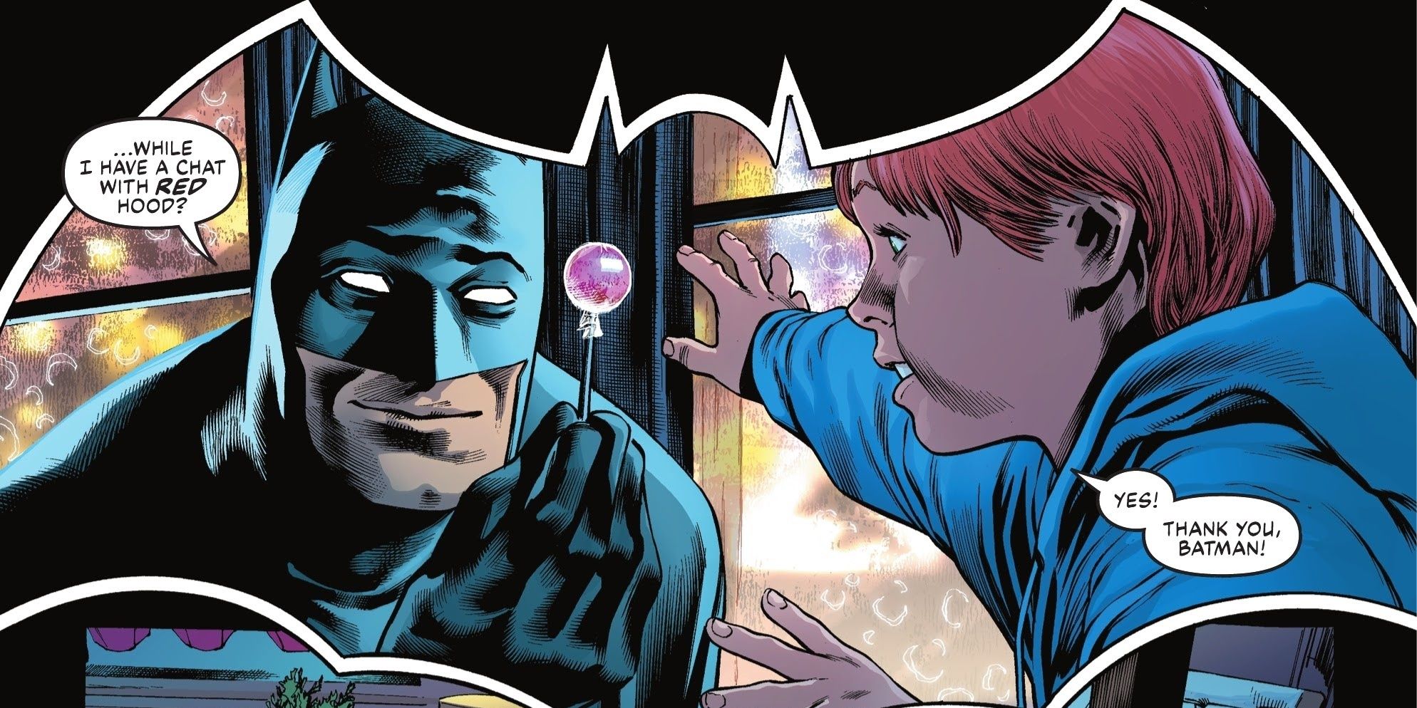 batman giving a lollipop to a child