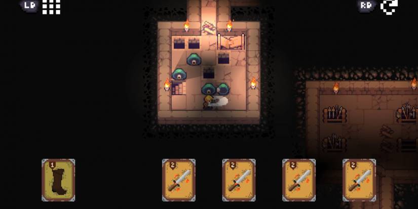 battling some slimes in a dungeon room in square keeper