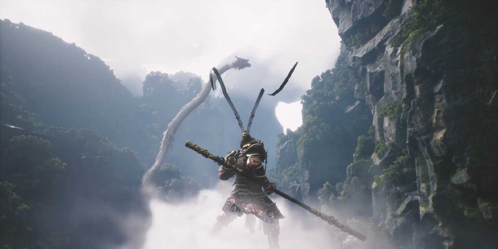 black myth wukong white dragon rising from the mountains in front of wukong