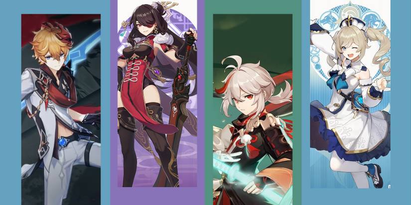 childe, beidou,kazuha,and barbara in genshin impact
