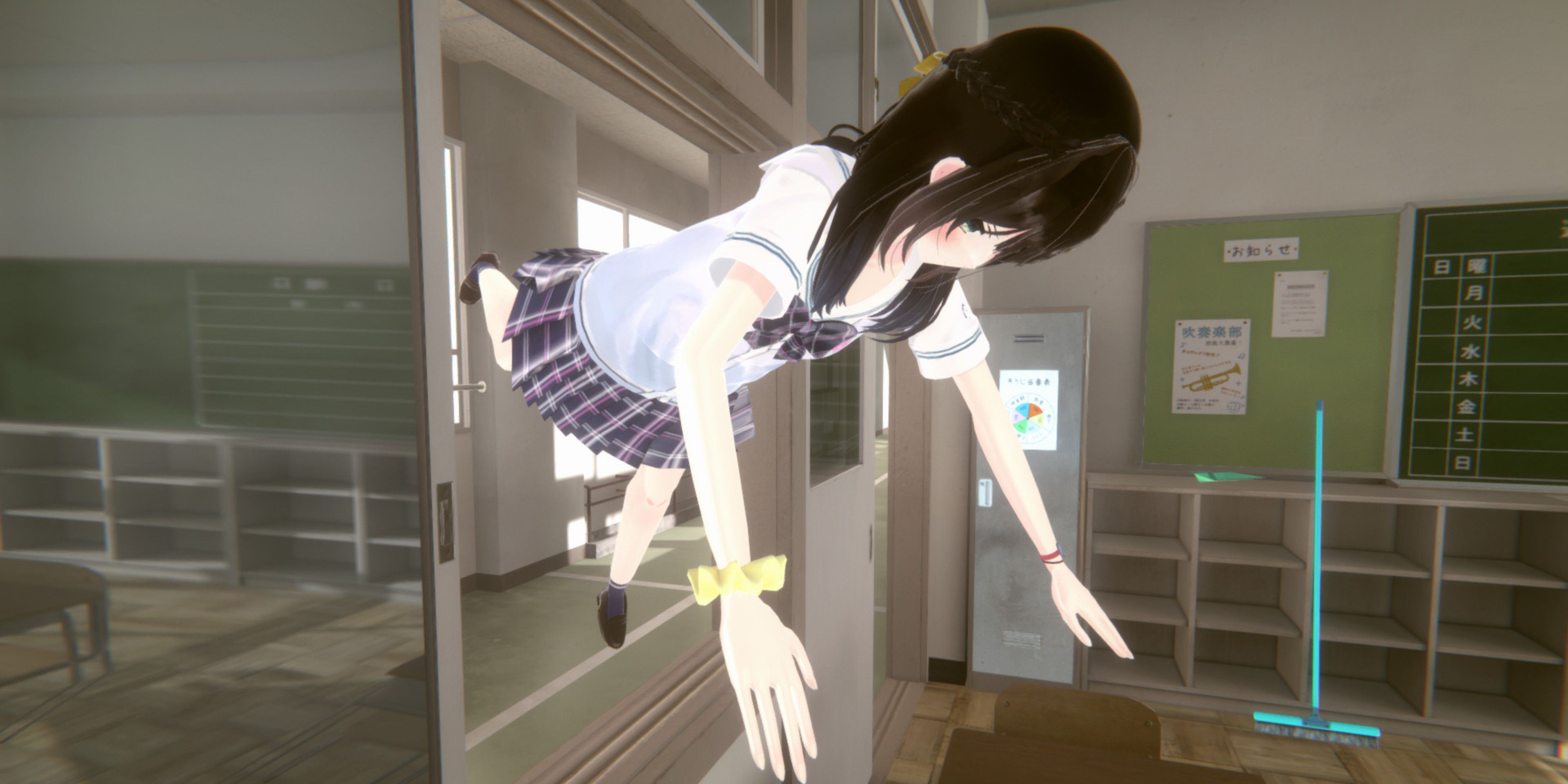 Female classmate jumping into classroom through the window