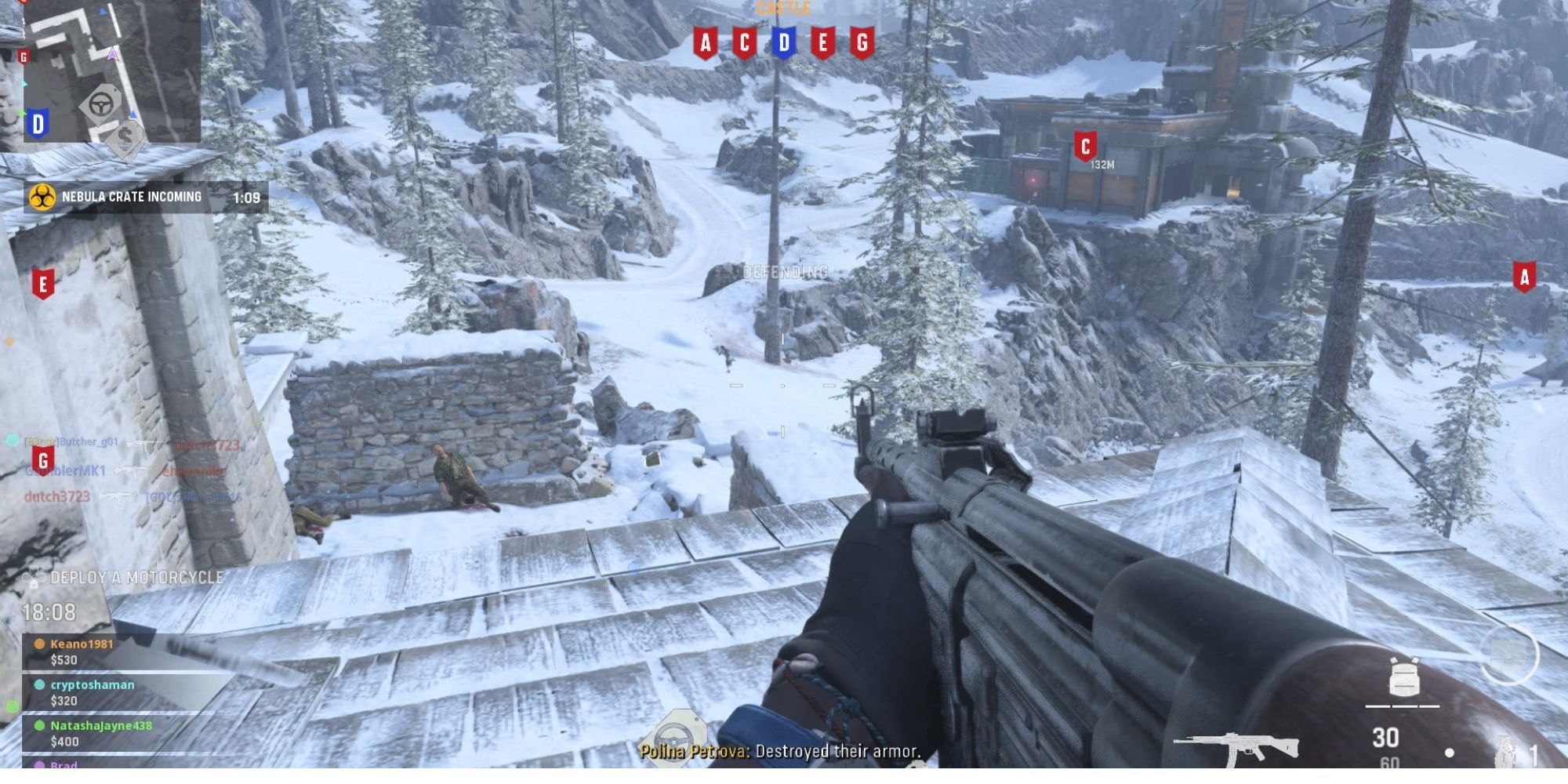 A player perched on a rooftop scoping out the area on Call of Duty Vanguard's Arms Race