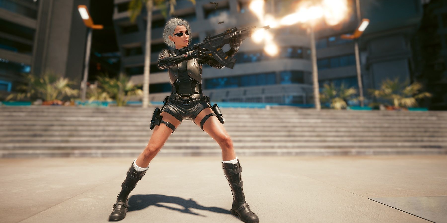 Image from Cyberpunk 2077 showing a female character in Deus Ex-style black outfit firing a gun.