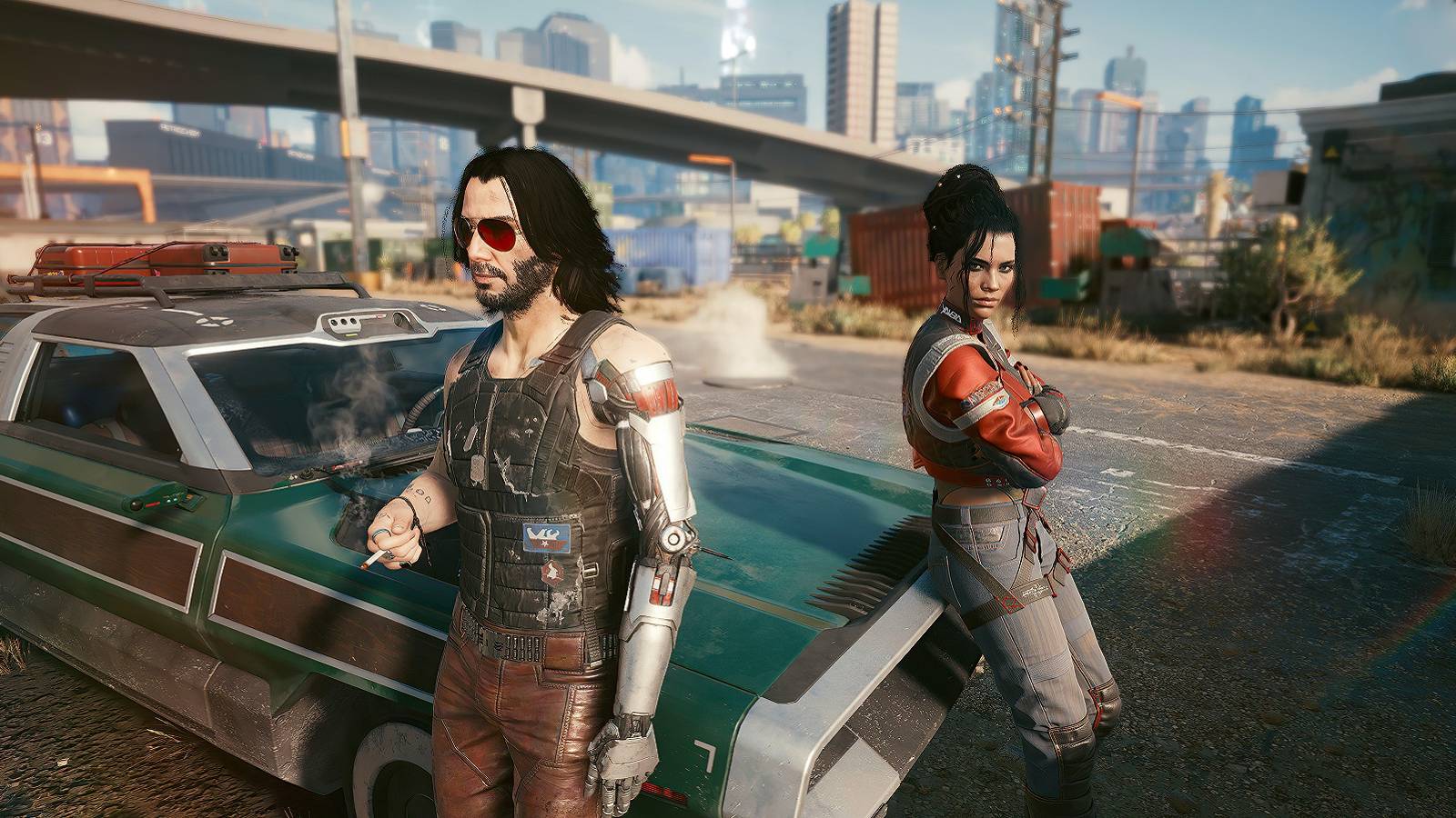 Image from Cyberpunk 2077 showing Johnny Silverhand and Panam leaning against a car.