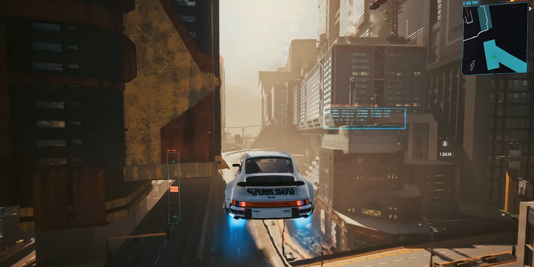 Screenshot from Cyberpunk 2077 showing a car flying over Night City.