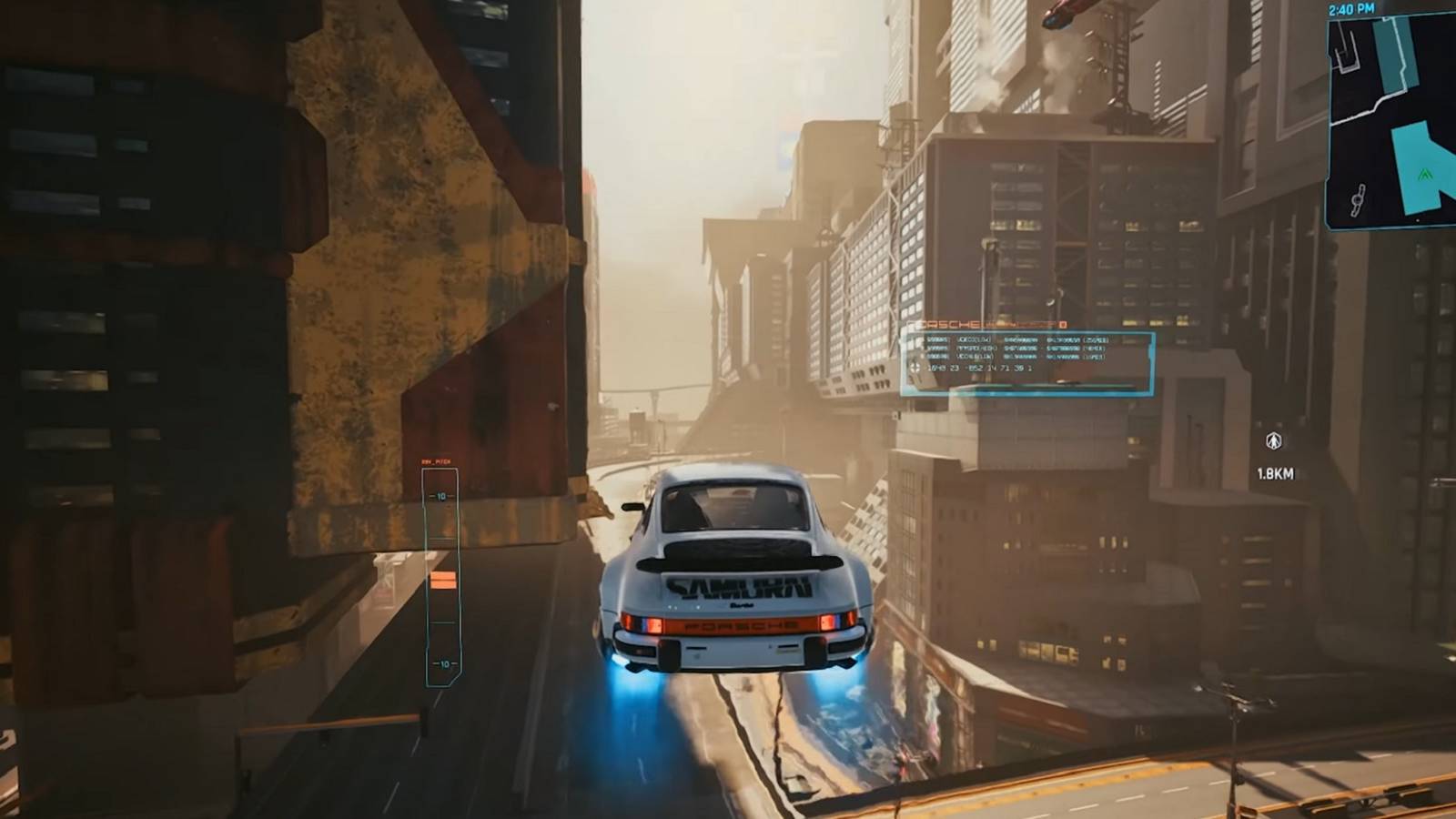 Screenshot from Cyberpunk 2077 showing a car flying over Night City.