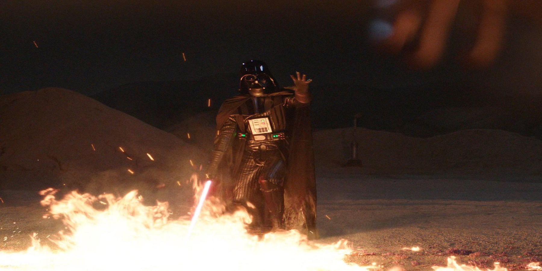 darth-vader about to put Kenobi in the fire only to let him get away inexplicably.