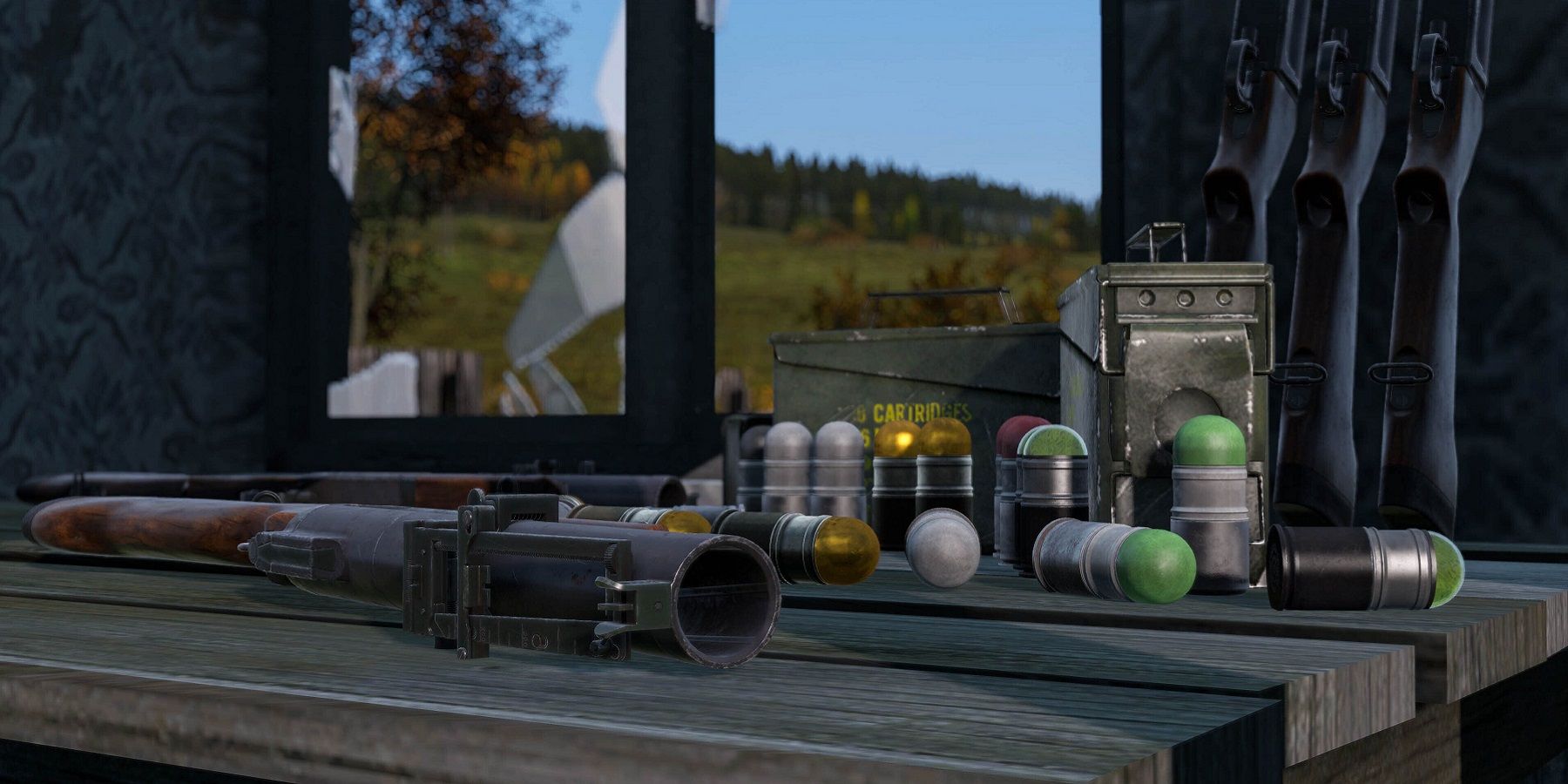 Screenhot from DayZ showing a greande launcher on the table with ammunition.