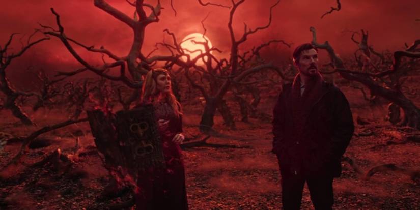 Scarlet Witch and Doctor Strange among dead trees and red background
