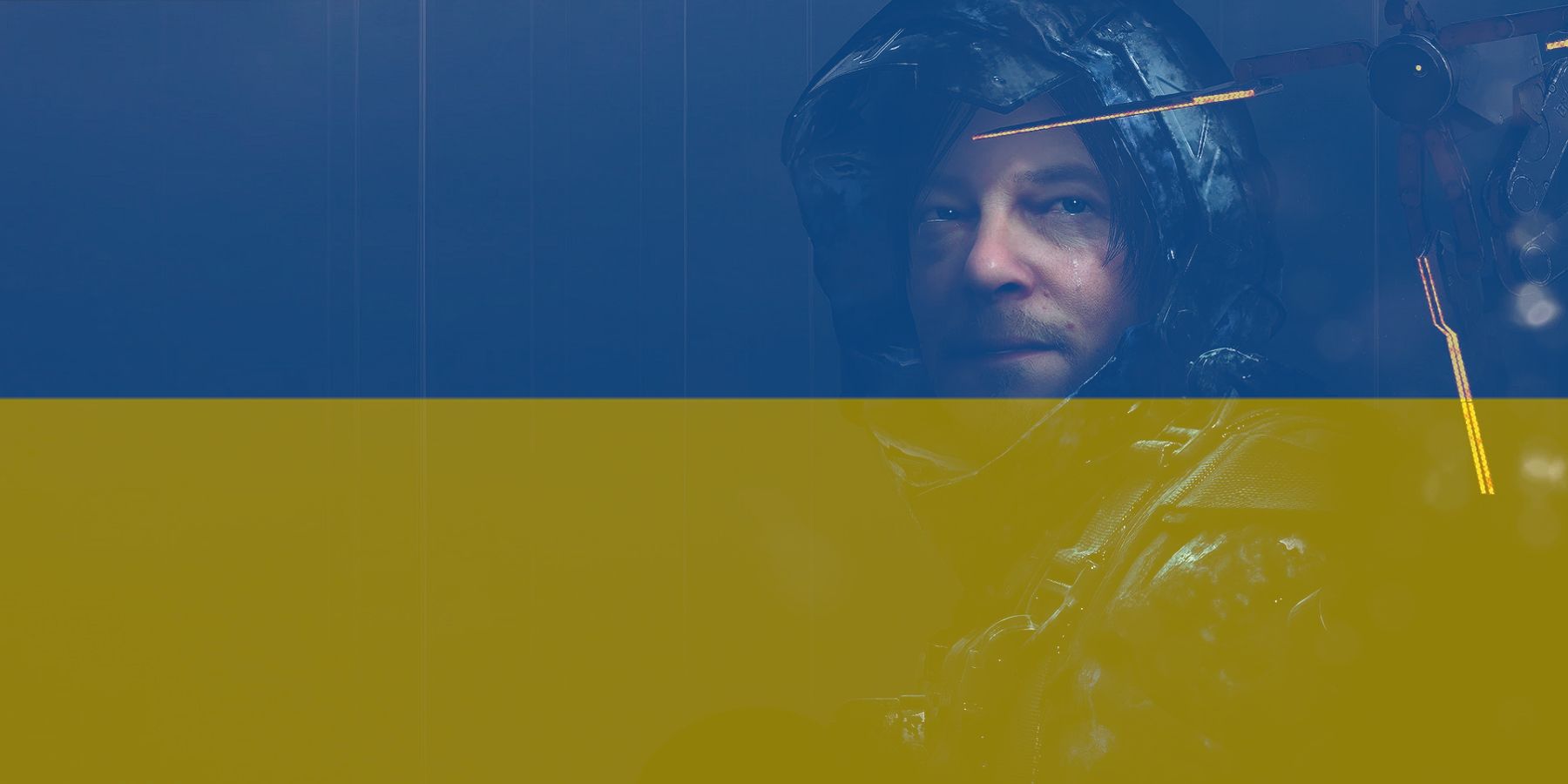 Image showing Norman Reedus in Death Stranding with the Ukranian colors over the top.