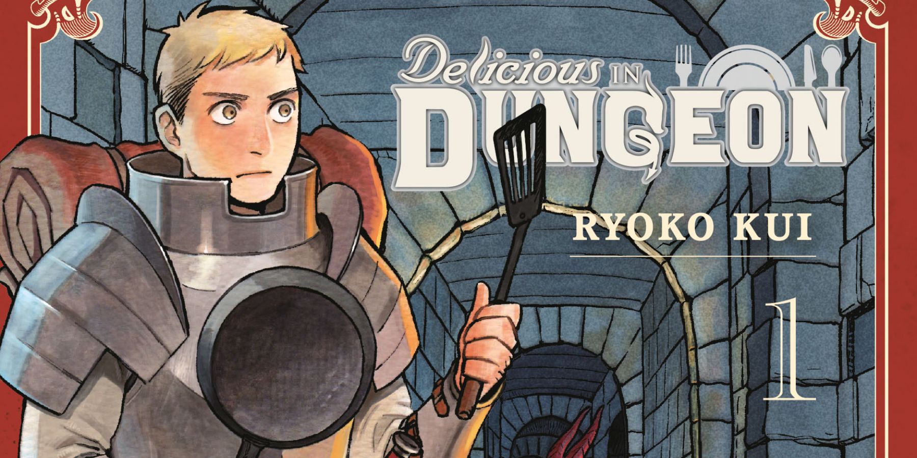 Laios in the Delicious in Dungeon manga cover pan spatula