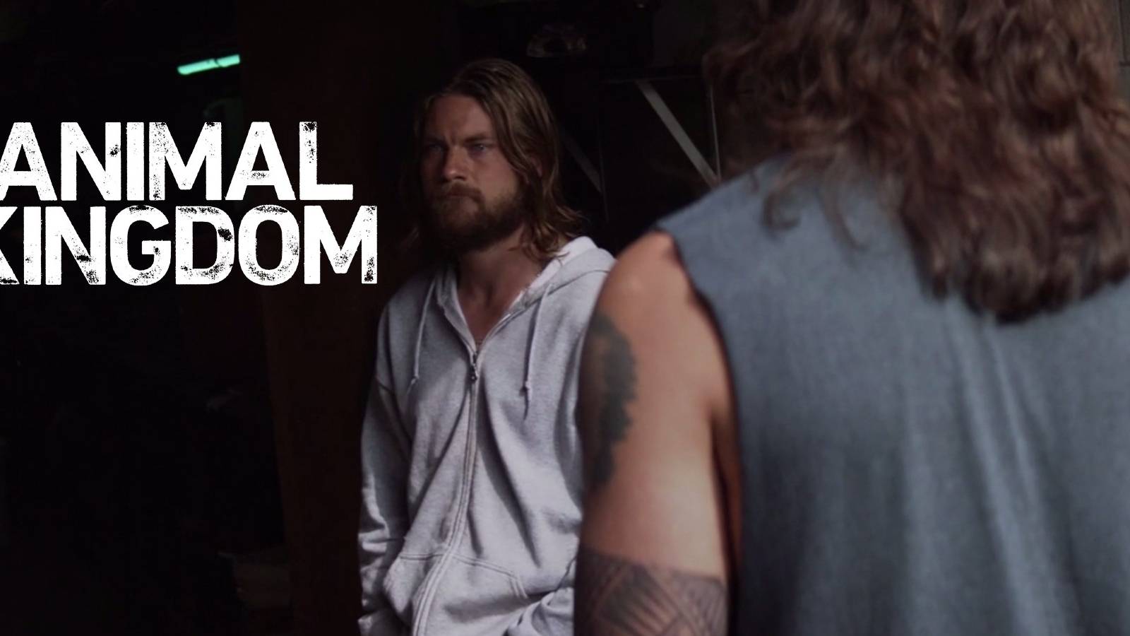 Deran (Jake Weary) and Craig (Ben Robson) with Animal Kingdom logo