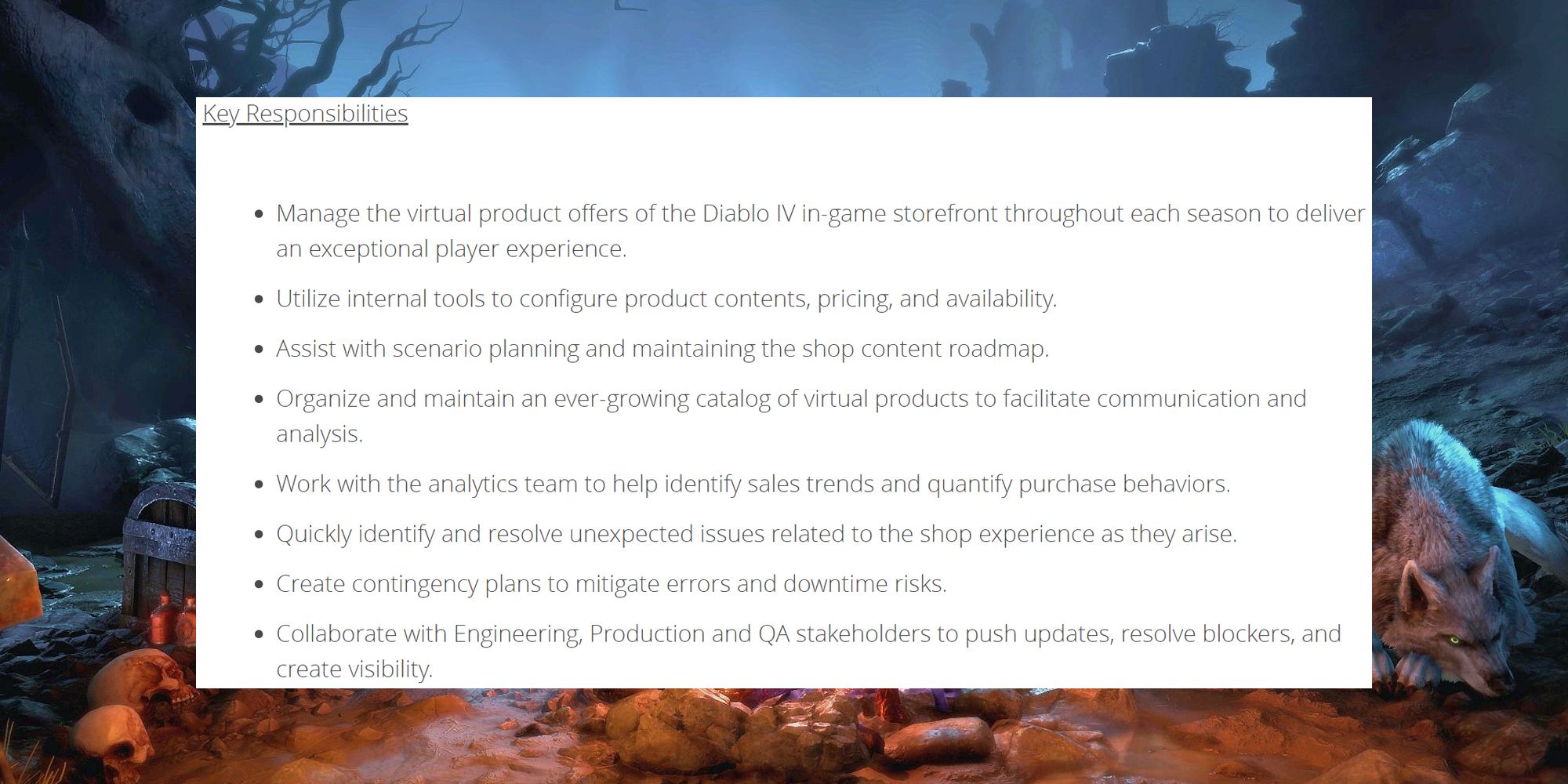 The "Key Responsibilities" section from a Diablo 4 job listing