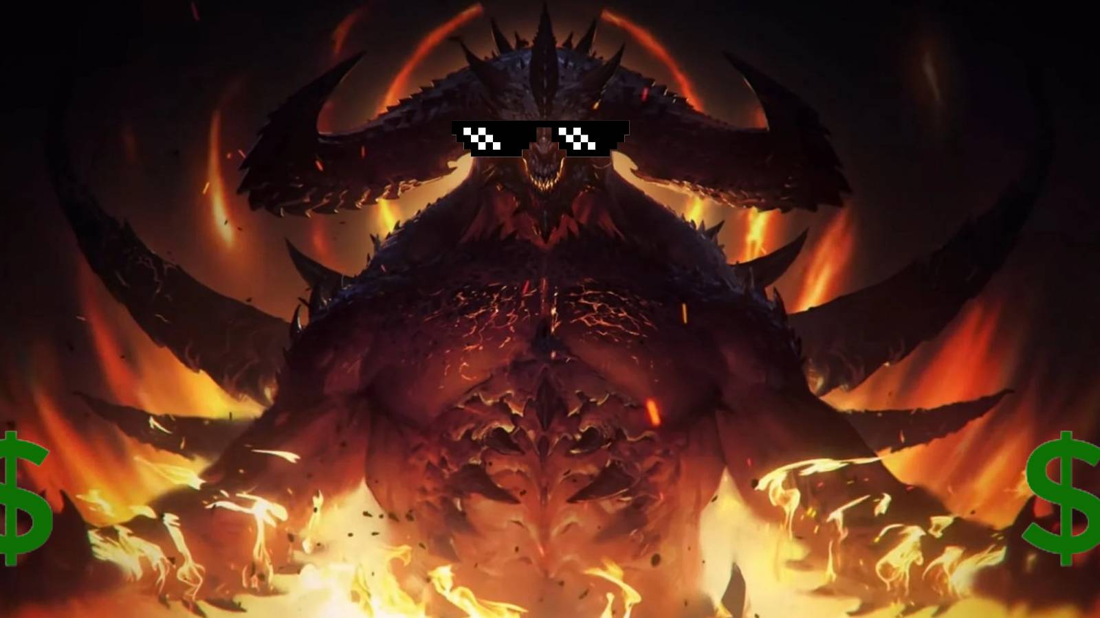 diablo immortal diablo pose fire dollar signs glasses