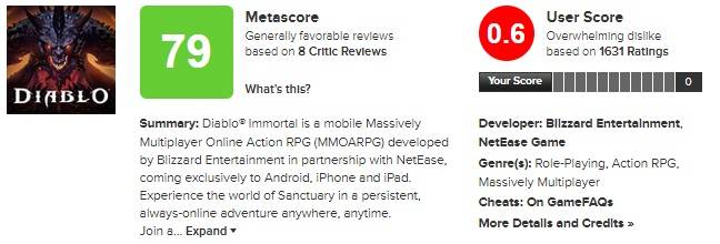 diablo immortal metacritic score