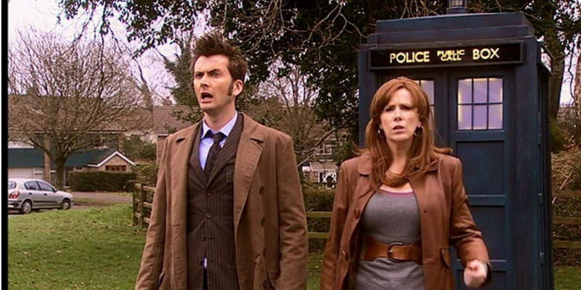 The Tenth Doctor and Donna Noble in The Stolen Earth an episode of Doctor Who