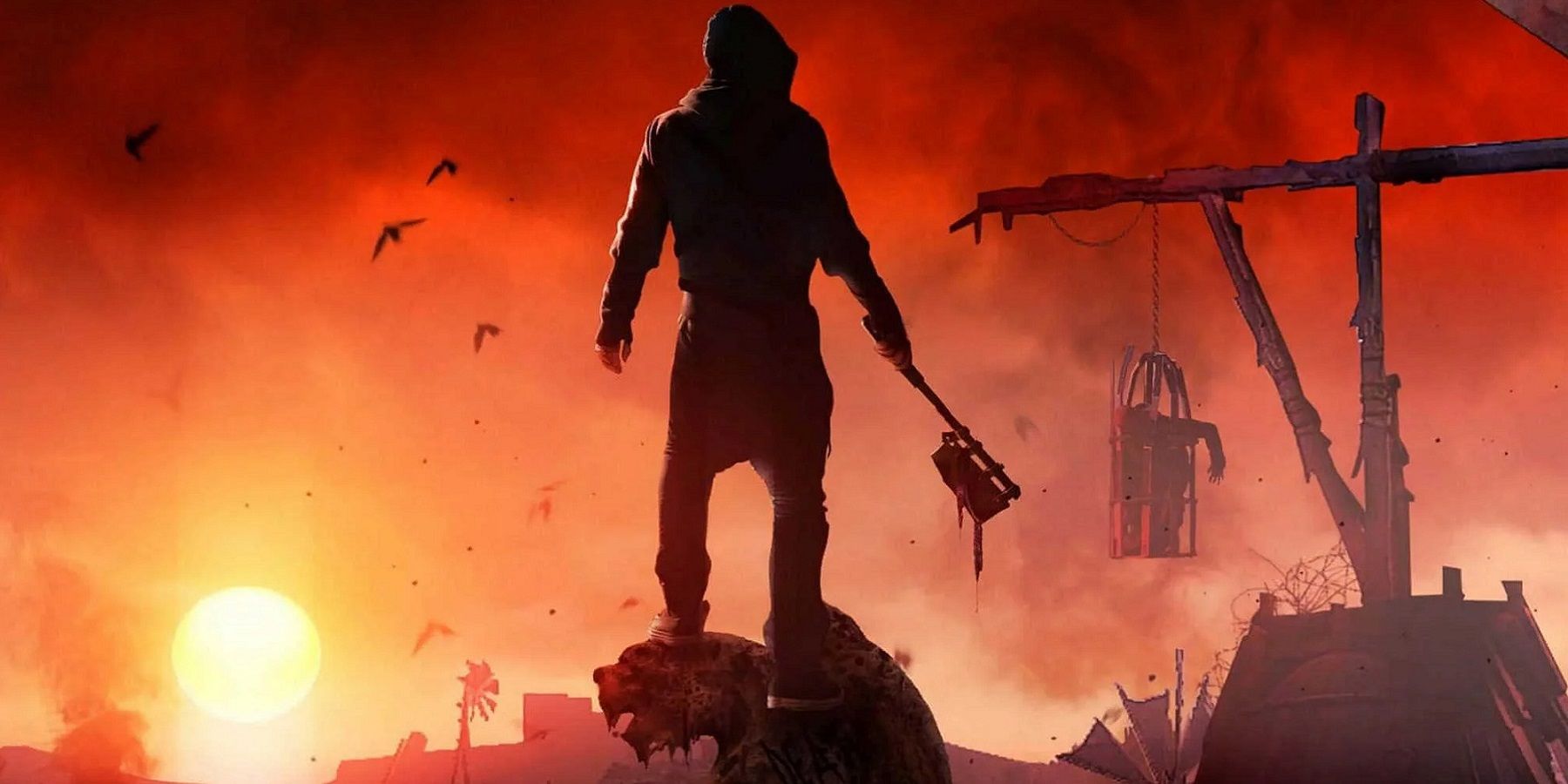 Изображение из Dying Light 2, показывающее силуэт игрока, стоящего на вершине горгульи во время заката.