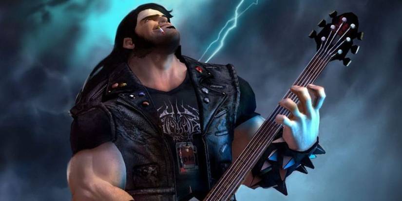 Eddie riggs playing guitar in video game brutal legend starring jack black