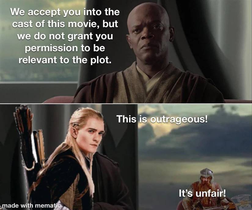 Legolas and Gimli not having a significant role in the LOTR Triliogy. 