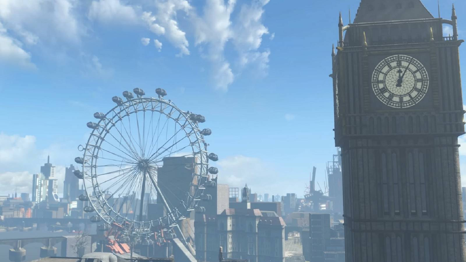 IImage from Fallout 4 showing Londons Big Ben clock tower, and the London Eye in the background.