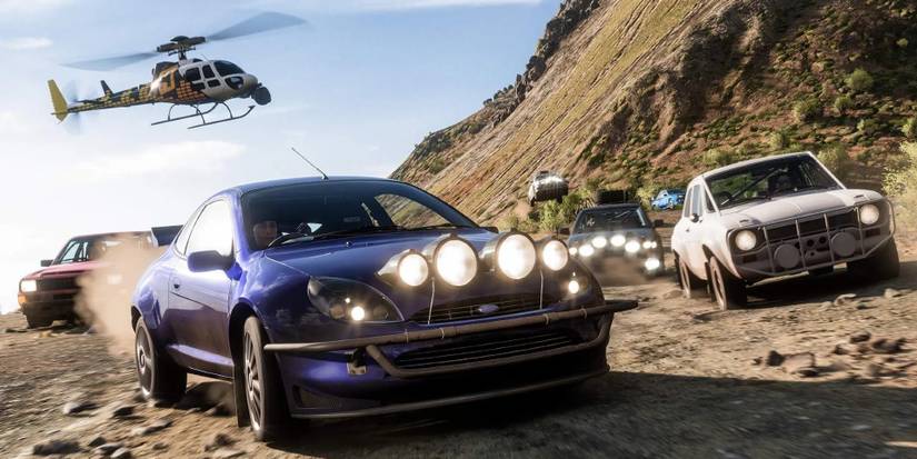 forza horizon 5 player racing with helicopter over them 