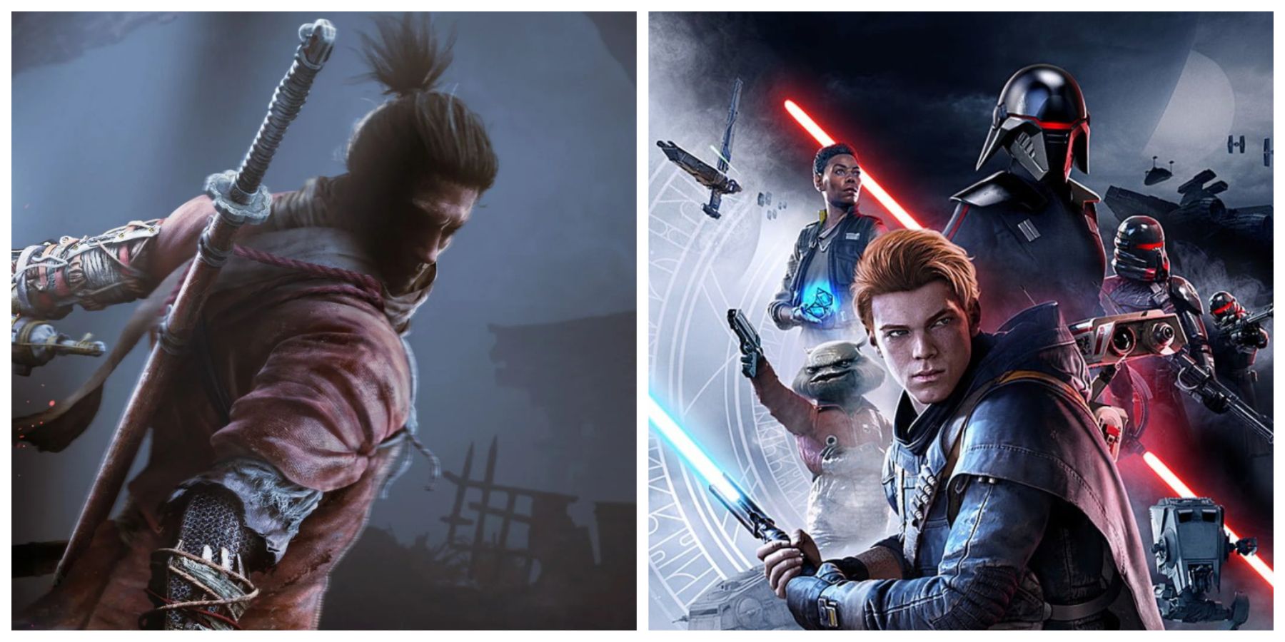 (Left) Sekiro looking towards the camera (Right) Cover art for Star Wars: Jedi Fallen Order with the key characters