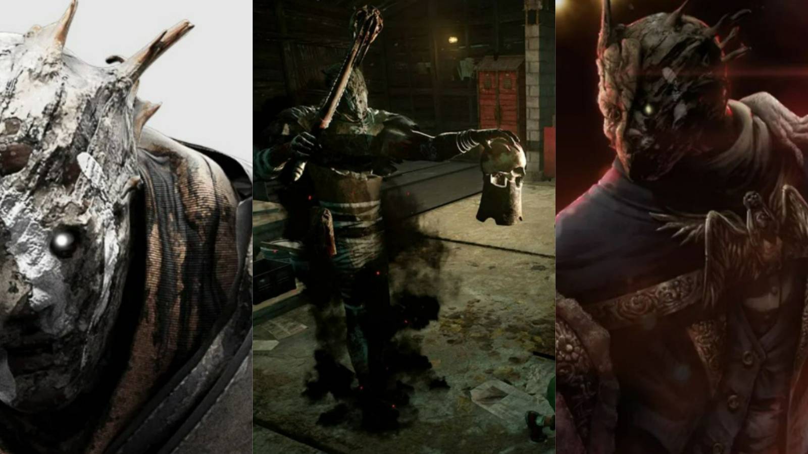 Three images of the Wraith from Dead by Daylight