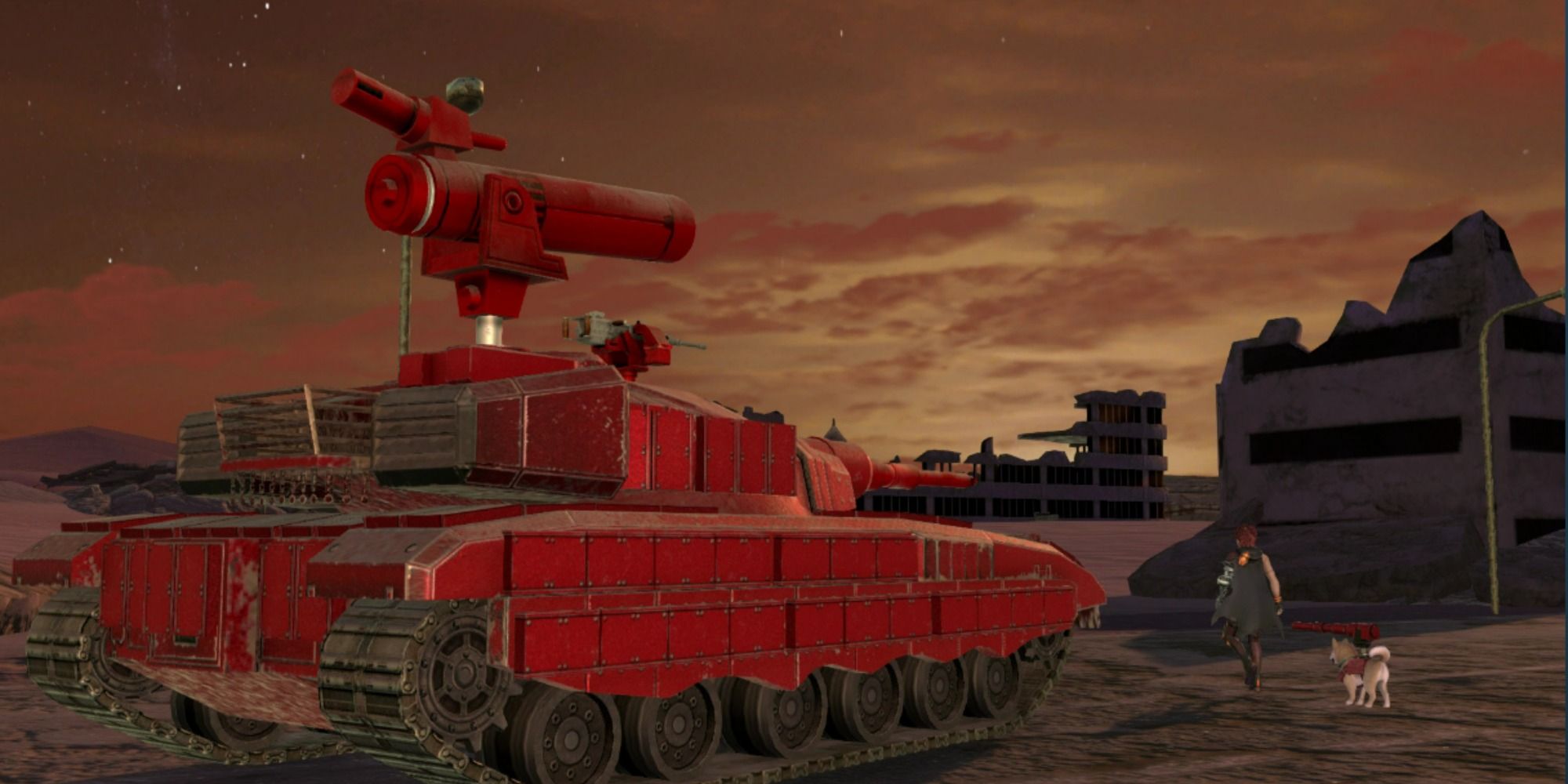 giant red tank near player and dog in tokyo wasteland in metal max xeno reborn