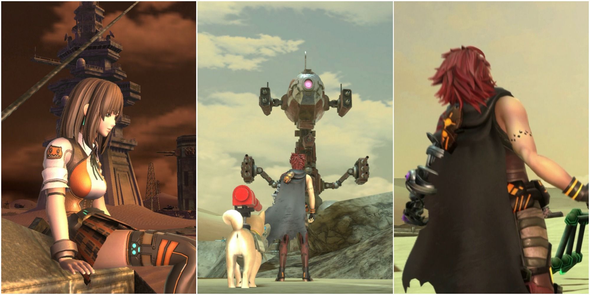 girl sitting on tank, dog and player character near robot, character in pose in metal max xeno reborn featured