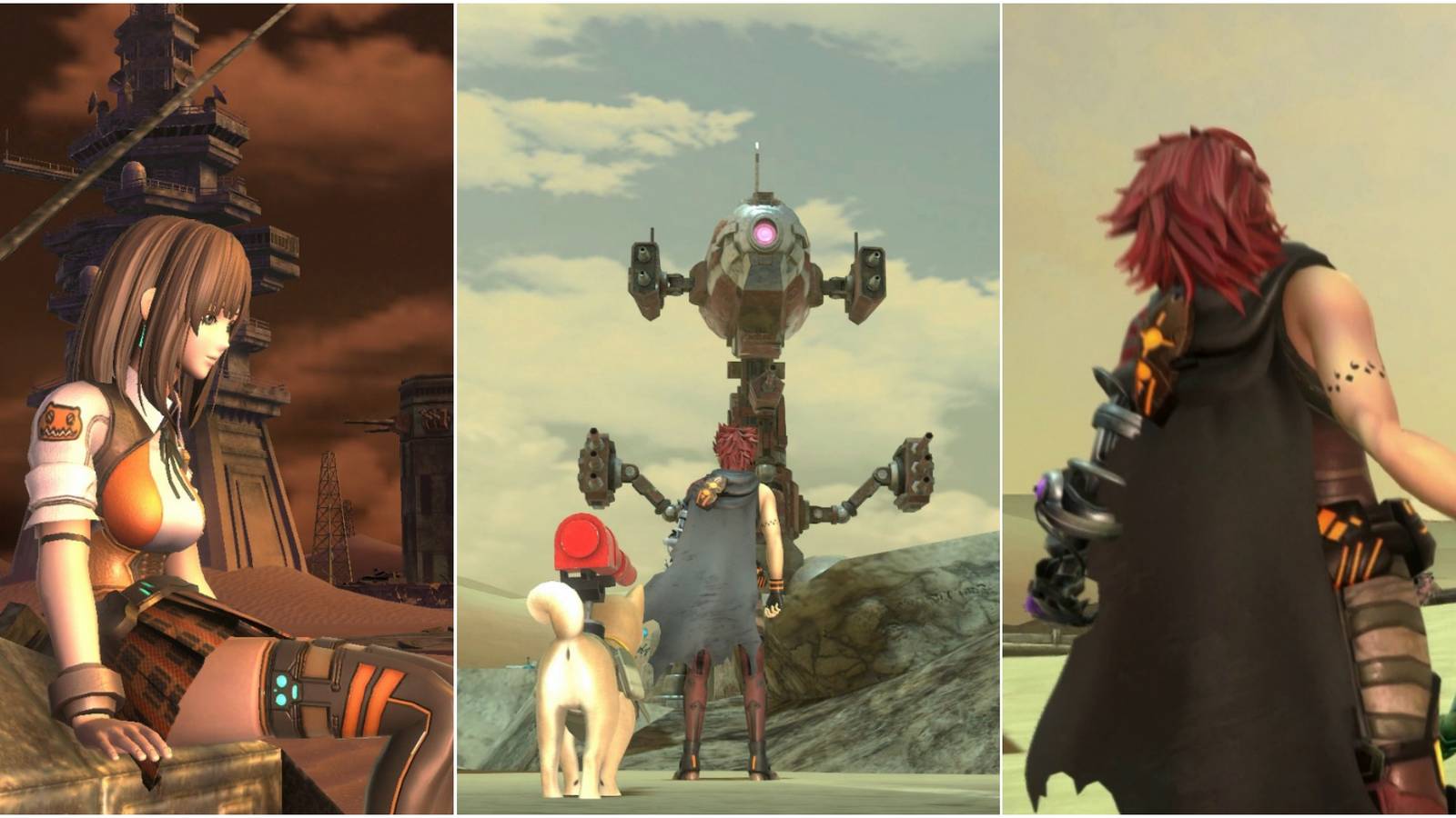 girl sitting on tank, dog and player character near robot, character in pose in metal max xeno reborn featured