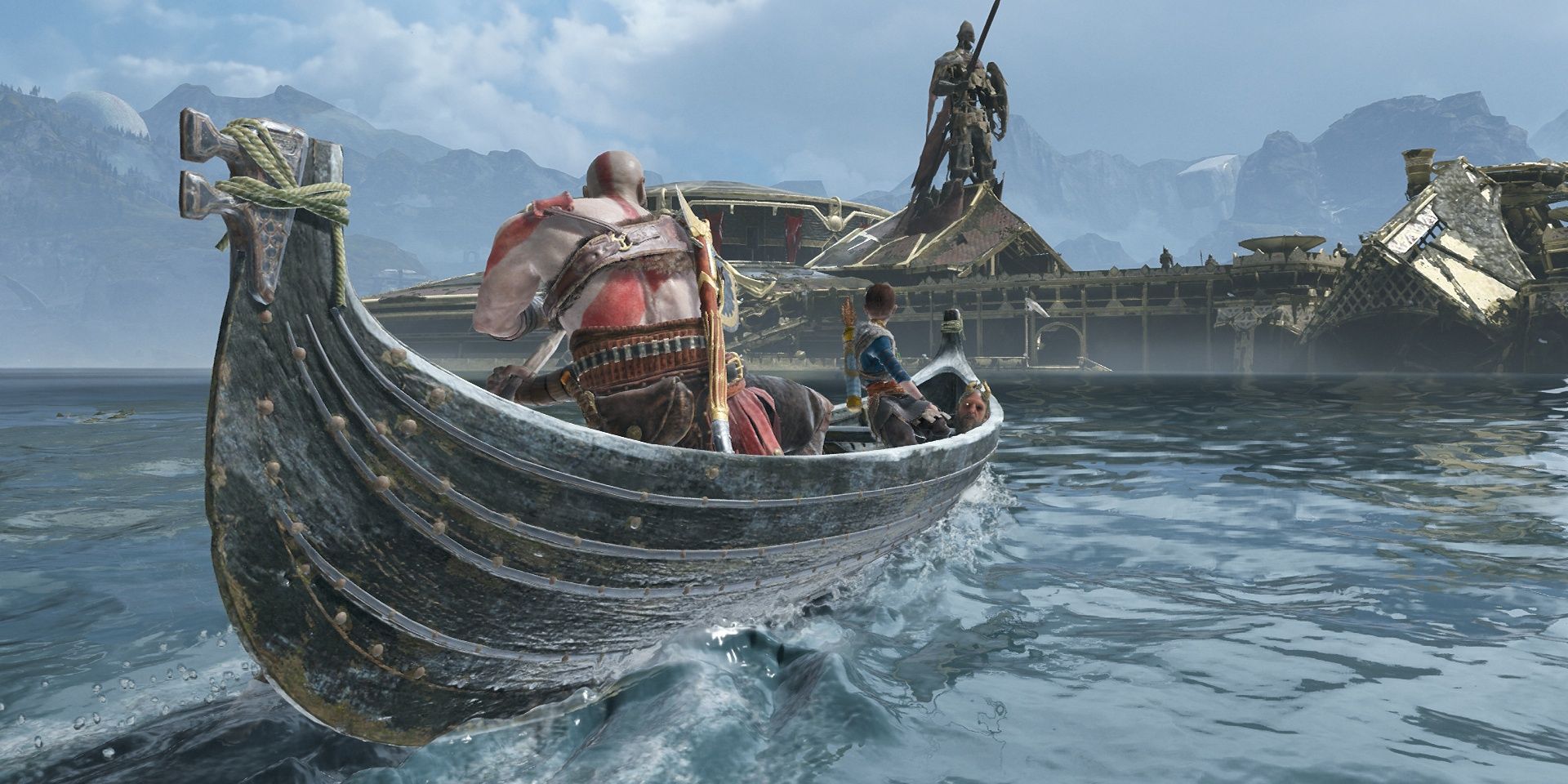 god of war kratos and atrues on a boat 