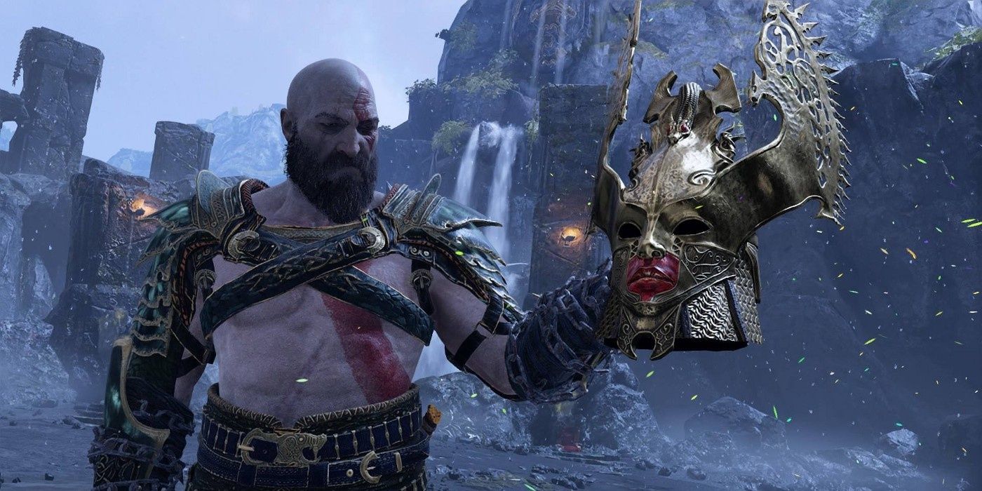 god of war kratos holding a helmet Cropped