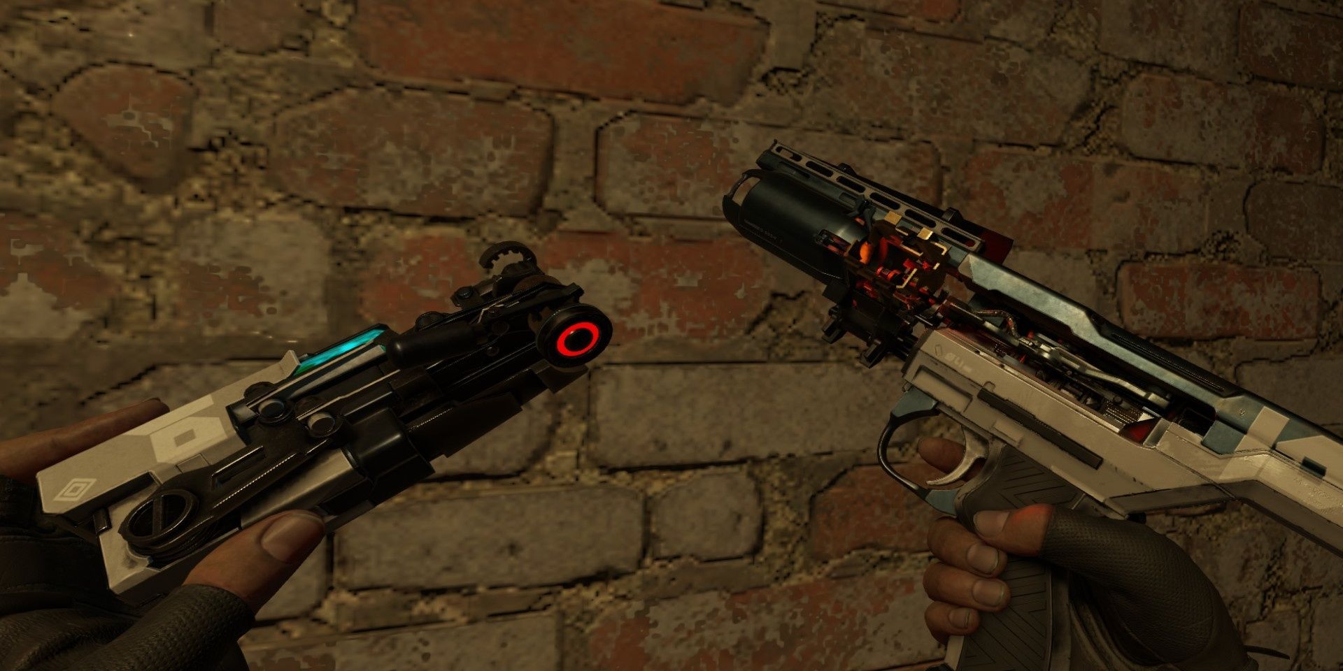 Screenshot from Half-Life Alyx with the player holding up a gun and a gadget