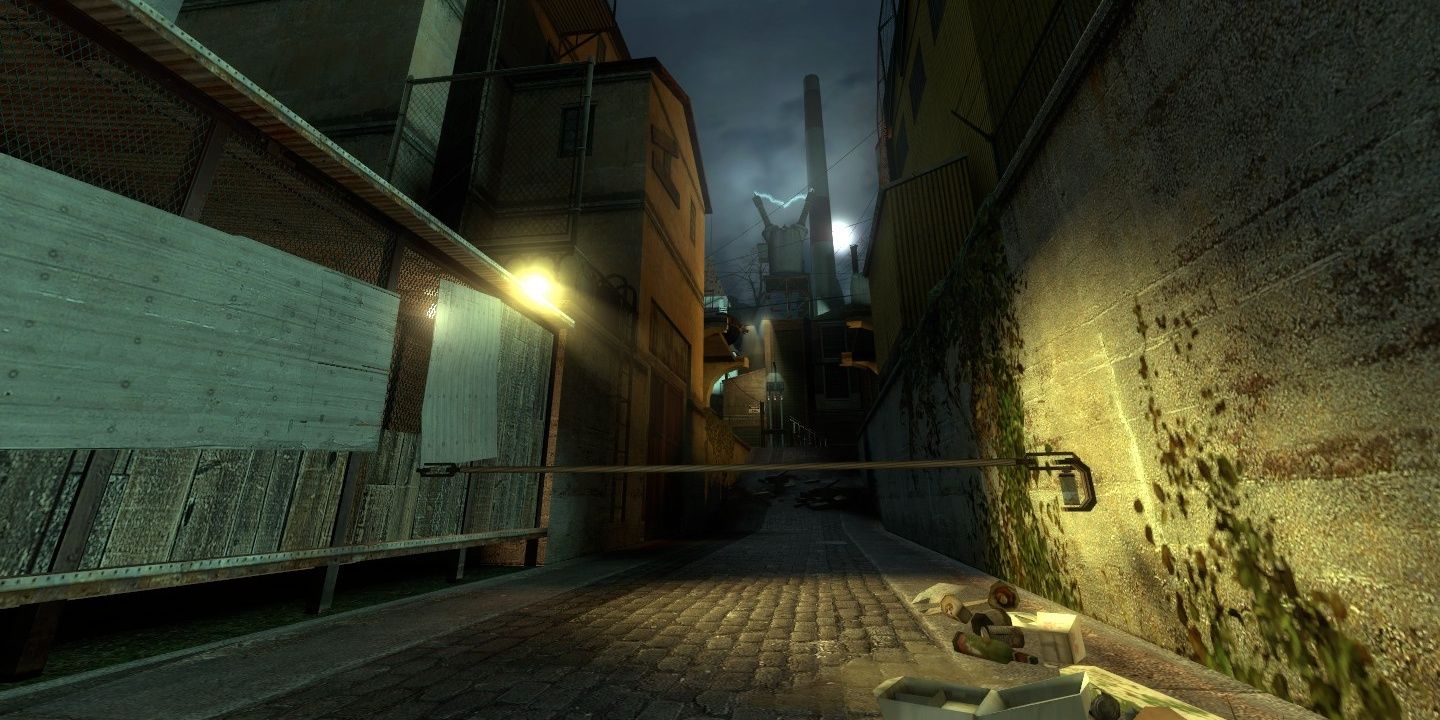 Half-Life 2 screenshot with alleyway from Ravenholm at night