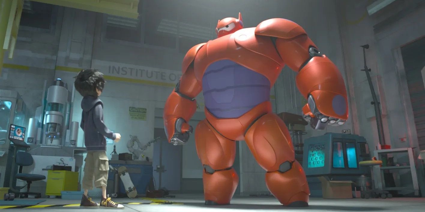 hiro and baymax in a power suit 