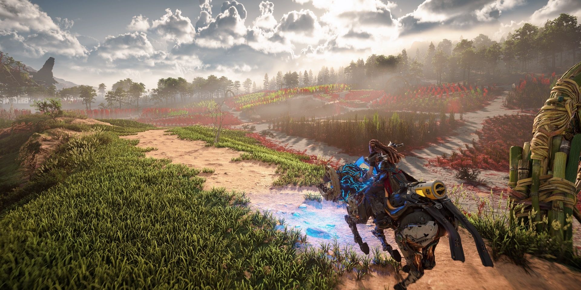 horizon aloy riding a machine with a field in the background 
