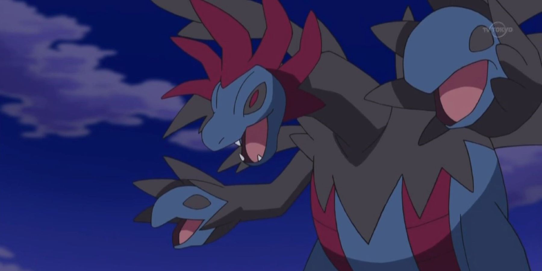 A flying Hydreigon in the Pokémon anime