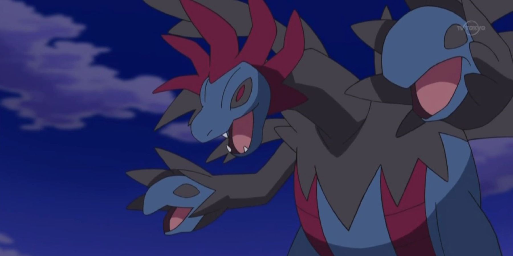 A flying Hydreigon in the Pokemon anime