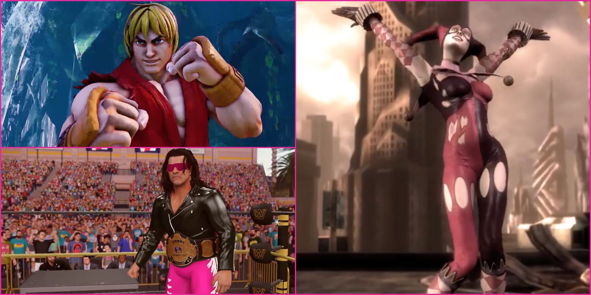 iconic Fighting Stances in Video Games - Feature - Ken Masters, Bret 'The Hitman' Hart, and Harley Quinn get ready to face their opponents