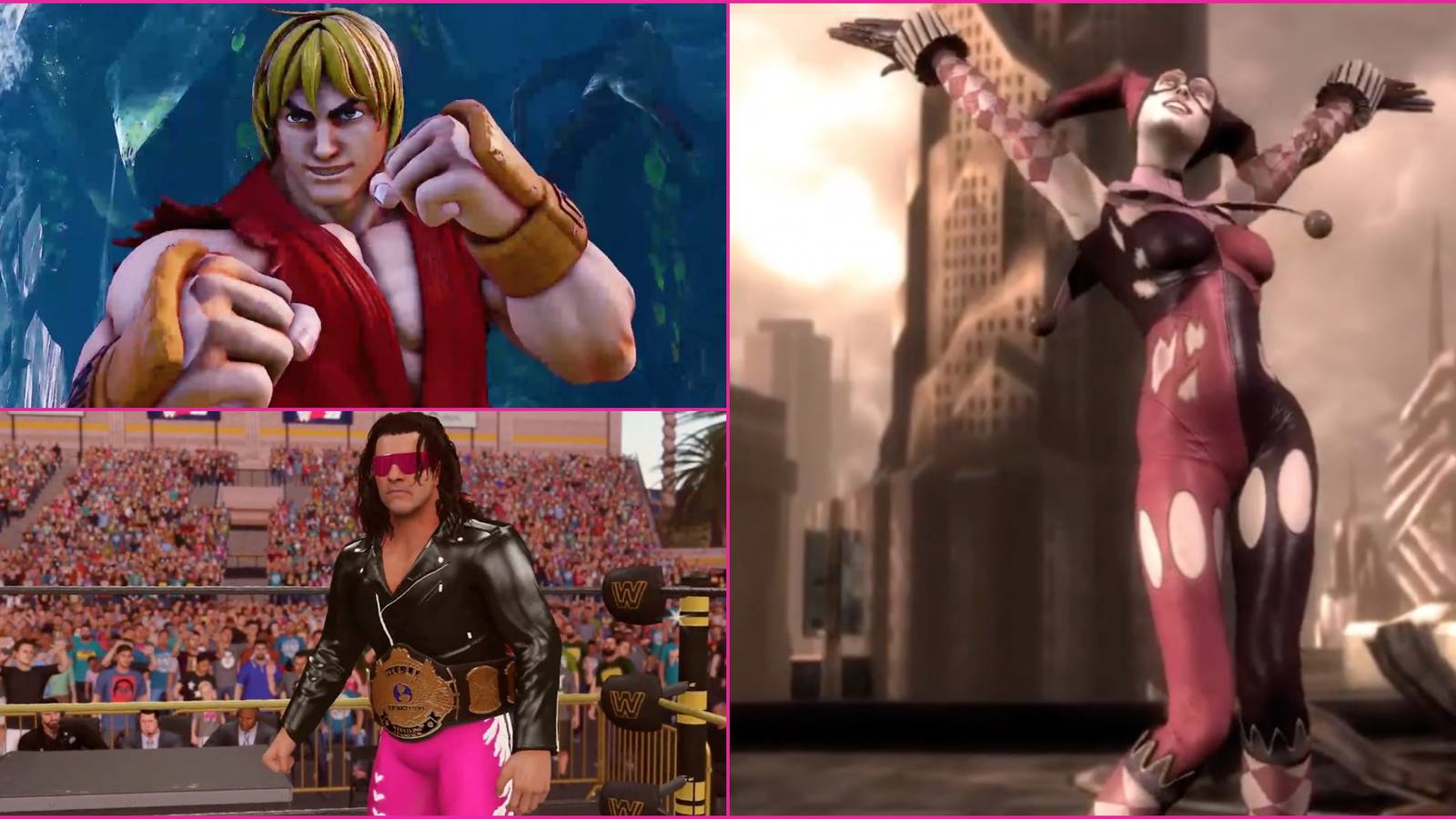 iconic Fighting Stances in Video Games - Feature - Ken Masters, Bret 'The Hitman' Hart, and Harley Quinn get ready to face their opponents