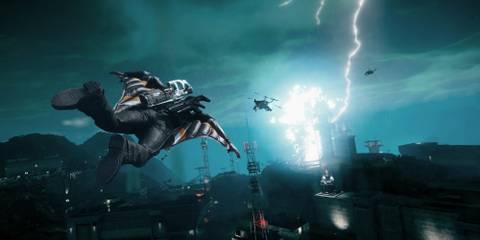 rico flies towards heavy lightning in just cause 4