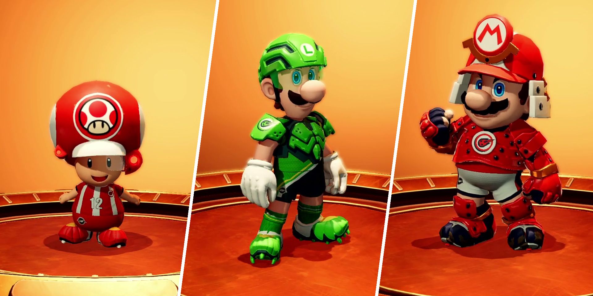 Toad, Luigi, and Mario in Mario Strikers: Battle League